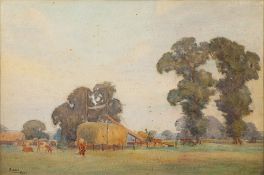 Sir Alfred East [1849-1913]- Haymaking,:- signed bottom left watercolour, 35 x 51cm.