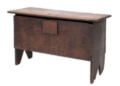 An oak 'six plank' coffer, first half 17th century,: with hinged rectangular cover,
