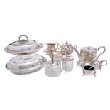A mixed collection of silver plated wares: includes entree dish and cover, teapot, sauce boat,
