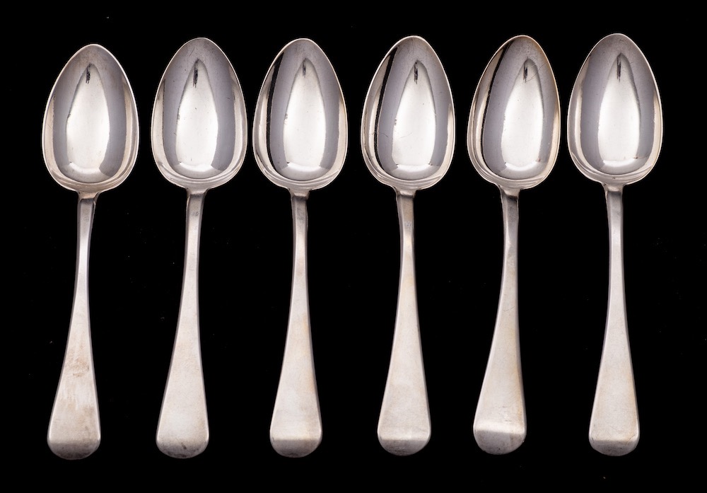 Six William IV provincial Silver Old English pattern dessert spoons, maker William woodman, Exeter,