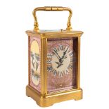 A French porcelain panelled carriage clock: the eight-day duration movement having a platform lever