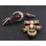 Two gold brooches,: one old-cut diamond and synthetic ruby crescent brooch,