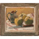 R P Laurent [20th Century French School]- Still life of apples and jug on a table cloth,:- signed,