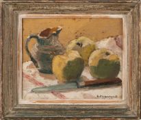 R P Laurent [20th Century French School]- Still life of apples and jug on a table cloth,:- signed,