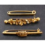 Three bar brooches,: including a 9ct gold Royal and Merchant Navy sweetheart brooch,