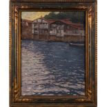 Georges Macon, French School 19/20th Century- Buildings on a waterfront,:- signed, oil on canvas,