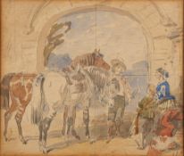 Attributed to John Frederick Herring [1775-1865]- Figures and horses in an archway,