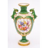 A Royal Worcester porcelain pedestal vase: of two handled form with raised neck and strap work,