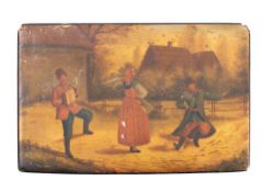 An Imperial Russian lacquered trinket box: the hinged lid decorated with a rural scene of dancing