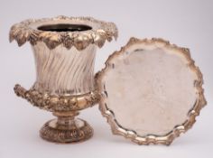 A silver plated ice pail of campagna form: with grape and vine leaf decorated border,
