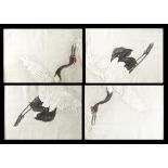 A large Japanese woodblock print in four parts: depicting flying cranes,