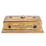 A Victorian brass and banded agate mounted jewellery box: of rectangular outline,