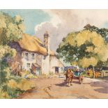 Wilfred Holmes [19/20th Century]- Horse, cart and harvesters by a thatched cottage,