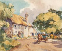 Wilfred Holmes [19/20th Century]- Horse, cart and harvesters by a thatched cottage,