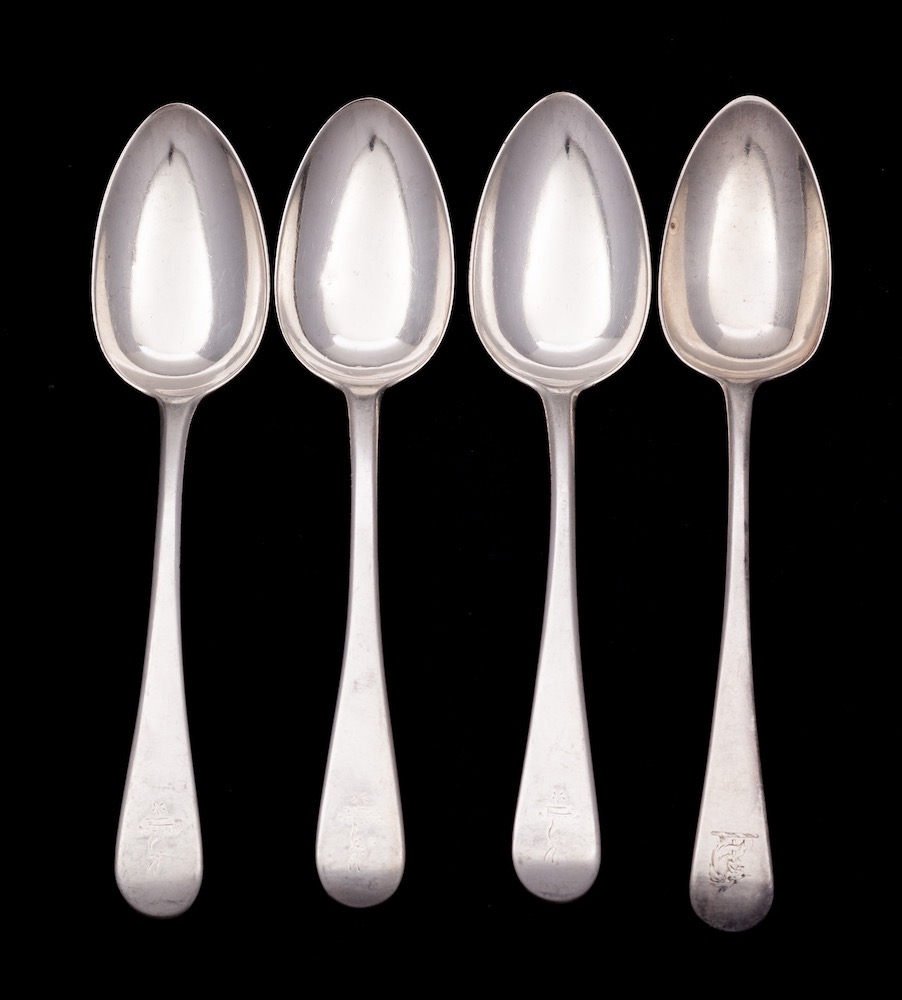 Three George III silver Old English pattern table spoons, makers William Eley & William Fearn,