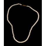 A cultured pearl necklace,: the uniform 4mm cultured pearls, with a 9 carat gold clasp, stamped 375,