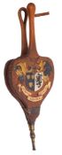 A large set of bellows: of shield-shaped outline with polychrome armorial decoration,