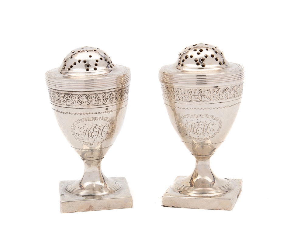 A pair of George III silver pepperettes, maker Duncan Urquhart & Naphtali Hart, London,