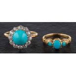 Two turquoise rings,: a turquoise and old-cut diamond cluster ring,