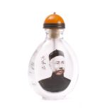 A Chinese interior painted glass snuff bottle and stopper: one side painted in black with a