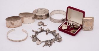A mixed lot of silver wares, various makers and dates: includes; French oval snuff box, vesta case,