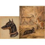 Manner of Edwin Landseer, 19th Century- Head of a dog,:- signed with initials 'EA', watercolour,