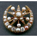 A Victorian, 15ct gold, old and single-cut diamond, mabe and seed pearl, star and crescent brooch,