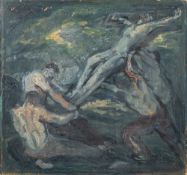 Manner of El Greco [19/20th Century]- Crucifixion scene,:- oil on board, 41 x 44cm, unframed.