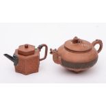 Two Chinese Yixing teapots and covers: the first of hexagonal form with metal spout and handle