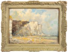 Ernest Matthews [early 20th Century]- Low Tide; figures on a beach white chalk cliffs beyond,