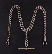A silver Albert pocket watch chain: curb link marked for silver, with silver-plated bar,