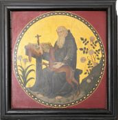 A 19th Century painted wood panel: depicting St Giles and the Hind,