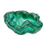 A Moser style malachite glass ashtray : modelled as a sleeping nude nymph, unsigned, 20cm wide.