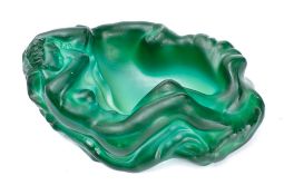 A Moser style malachite glass ashtray : modelled as a sleeping nude nymph, unsigned, 20cm wide.