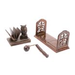 A Black Forest style desk stand: with owl inkwell, and open book for envelopes and paper,