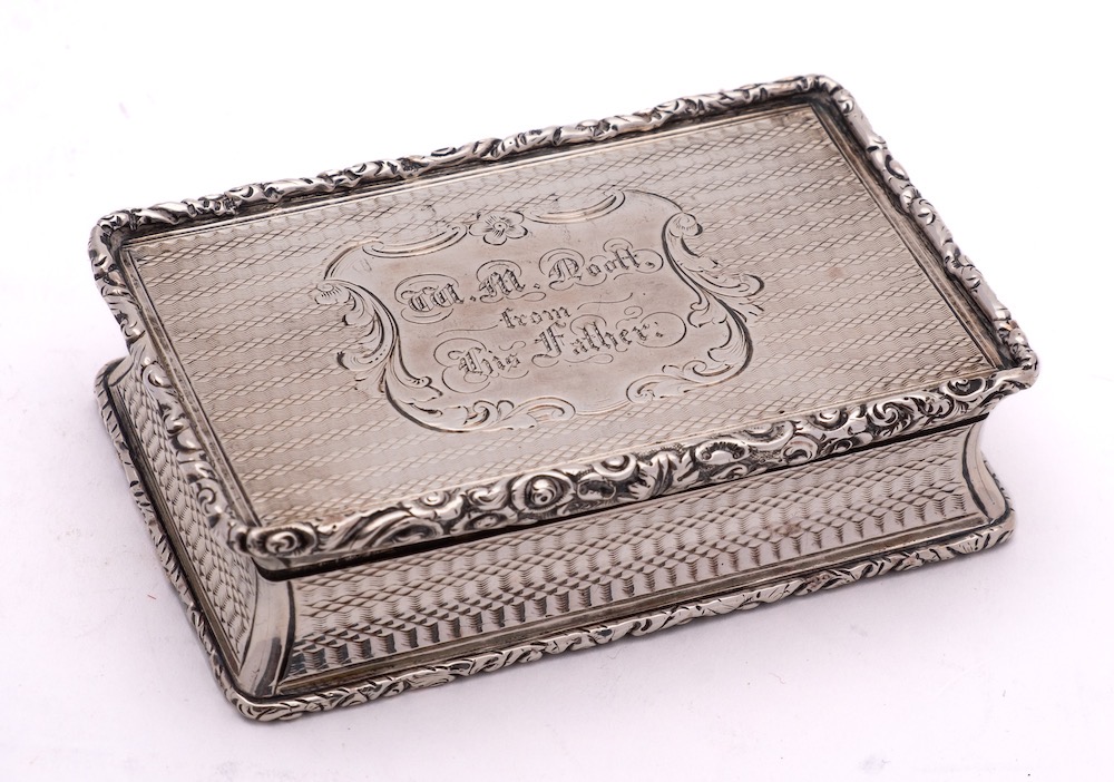 A William IV silver snuff box, maker Taylor & Perry, Birmingham, 1836: inscribed,