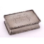 A William IV silver snuff box, maker Taylor & Perry, Birmingham, 1836: inscribed,