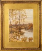 Thomas Henry Hunn [1857-1928]- River landscape, sheep in a field beyond,