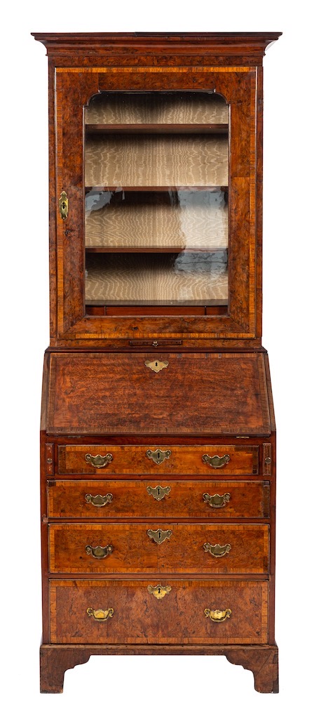 A late George II or George III burr walnut and burr yew bureau bookcase, circa 1760,