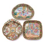 A group of three Chinese Canton famille rose/verte shaped dishes: each enamelled with numerous