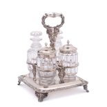 An electro-plated four division cruet stand: of square outline with gadrooned border,