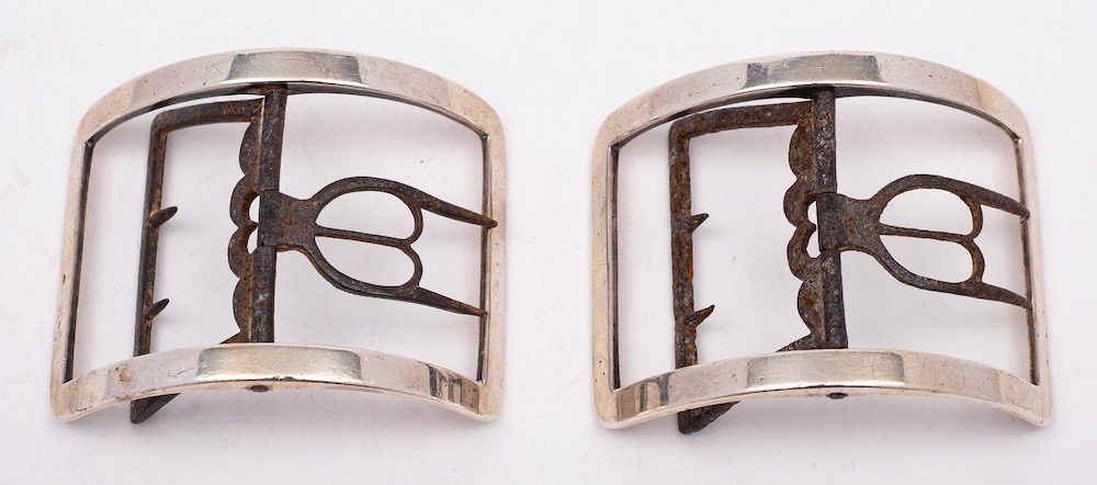 A pair of Georgian silver and steel buckles, unmarked: of plain rectangular outline, 7.5cm wide. - Image 2 of 2