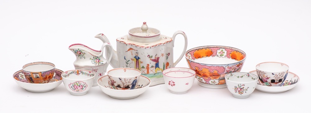 A group of New Hall porcelains: comprising a silver shaped teapot and cover enamelled in pattern no.