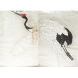 Two Japanese woodblock prints in two parts: depicting eagles flying over pine trees and flying