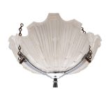 An Art Deco opaque glass and plated electrolier: in the form of a clam shell,