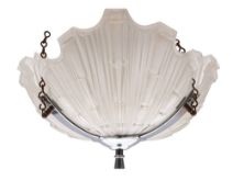 An Art Deco opaque glass and plated electrolier: in the form of a clam shell,