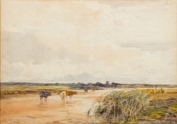 Claude Hayes [1852-1922]- Norfolk landscape,:- cattle watering, a church tower in the distance,