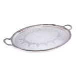 A plated oval serving tray: inscribed, with beaded border and reeded loop carrying handles,