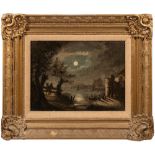Dutch School 18/19th Century- Moonlit river scene; boatmen, ruins and figures in the foreground,