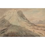 English School 19th Century- A mountain top fortification; figures in the foreground,:- watercolour,